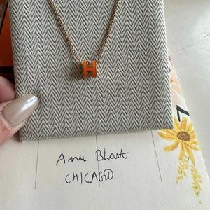 Hermes Mini Pop H Necklace in Orange Soie/Gold Hardware